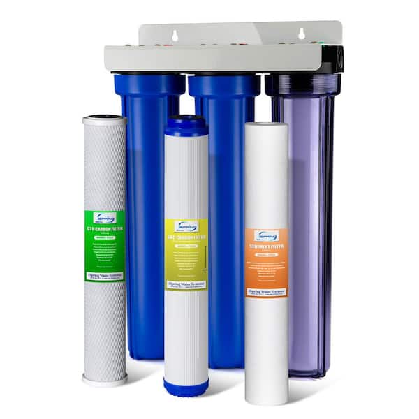 ISPRING 3-Stage Whole House Water Filtration System for Chloramine, PFAS, Chlorine, Sediments, 5-Micron, Blue