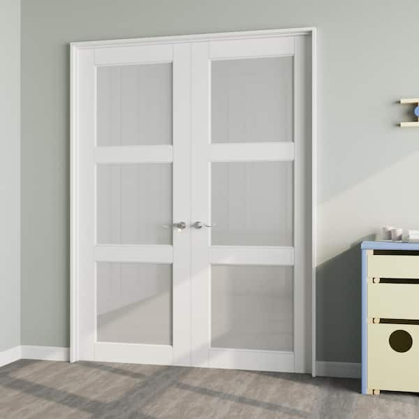 60 x 96 in. Universal 3-Lite Frosted Glass White Solid Core Glass Assembly Required Double French Door with Jamb