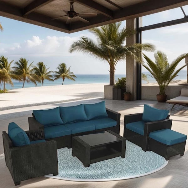 Zeus & Ruta 7-Piece Wicker Outdoor Rattan Sectional Sofa Set with Table and Peacock Blue Cushions for Backyard