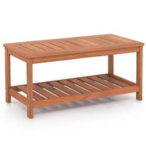 Patio Hardwood Coffee Table 2-Tier Wooden Outdoor Coffee Table with Slatted Tabletop and Storage Shelf Cocktail Table