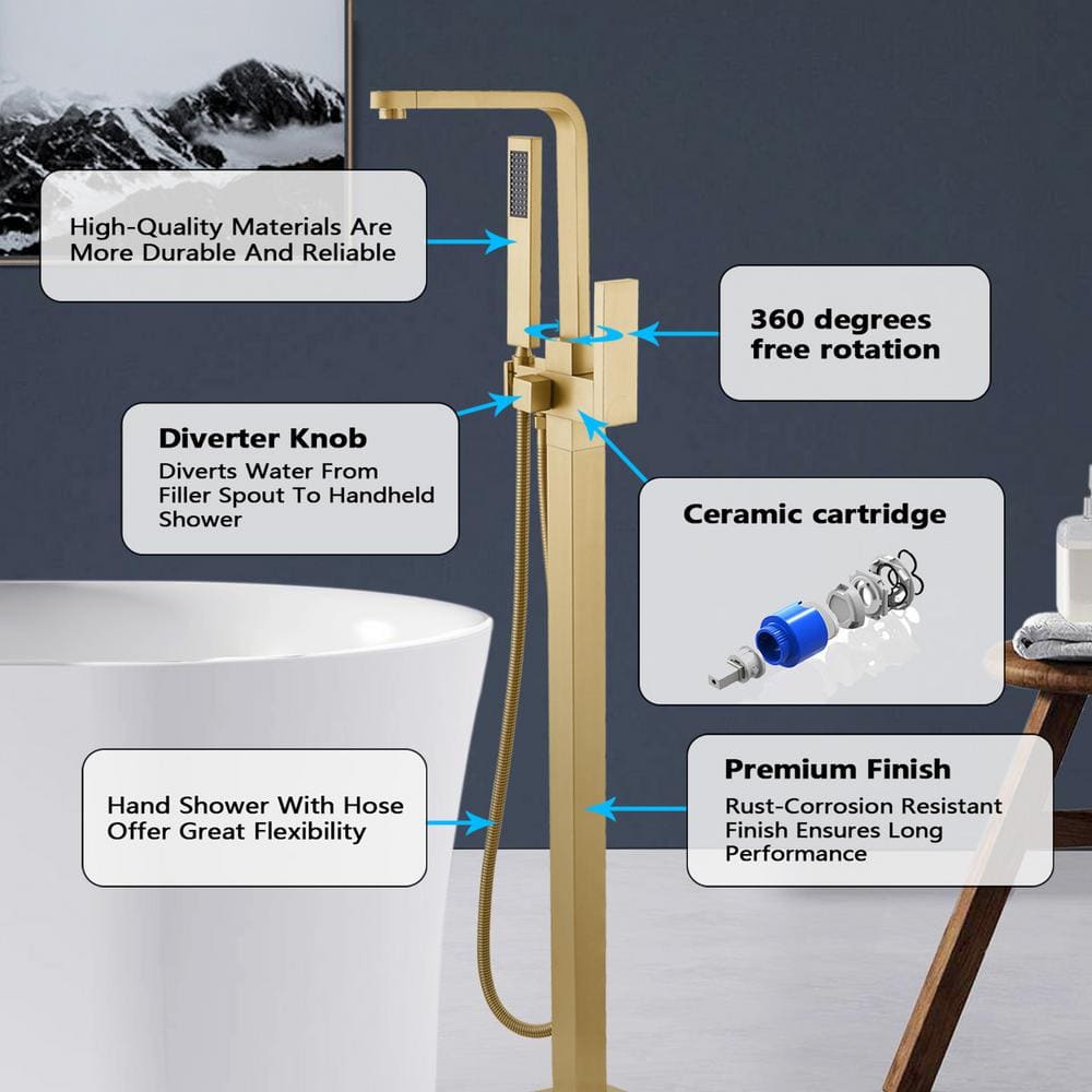Brushed Brass Freestanding Tub Faucet with Hand Shower