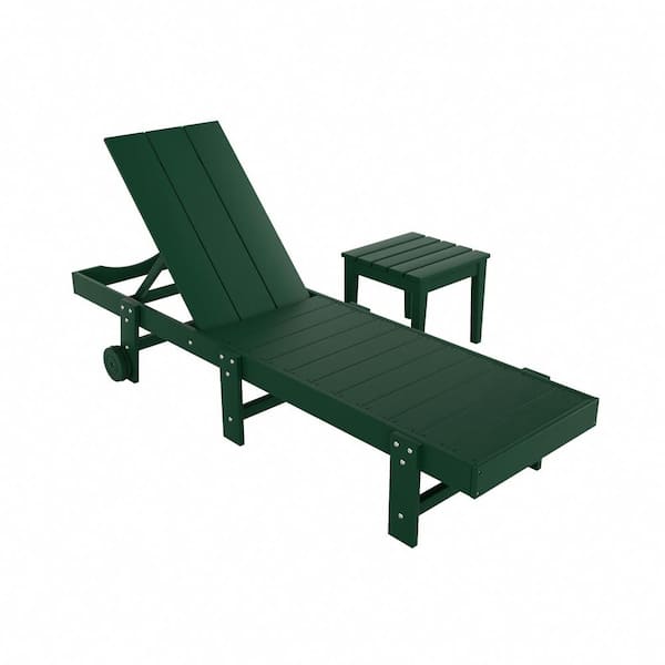 WESTIN OUTDOOR Shoreside 2-Piece Modern Plastic Outdoor Reclining Chaise Lounge With Wheels and Side Table in Dark Green