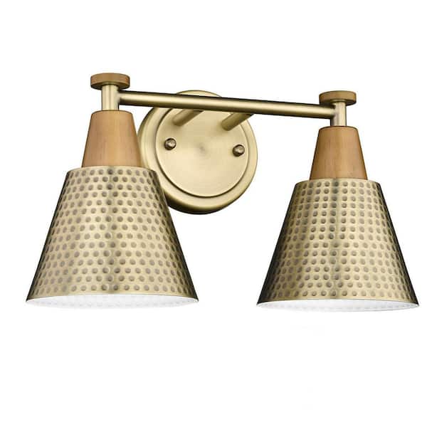 JAZAVA Modern 14.8 in. 2-Light Wall Sconces Brass Bathroom Light Fixtures Vanity Light with Hammered Metal Shade (1-Pack)