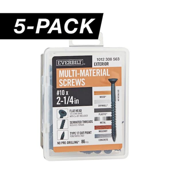 Everbilt 5-Pack #10 x 2-1/4 in. Black 6-Lobe Star Drive Exterior Flat Head Multi-Material Screw (5 lbs. / 430-Piece)