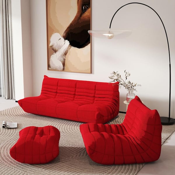 Magic Home (Set of 3) Red Teddy Velvet Polyester Large 45-72 in. Fireside Lazy Sofa Rebound Sponge Floor Couch with Chair, Ottoman
