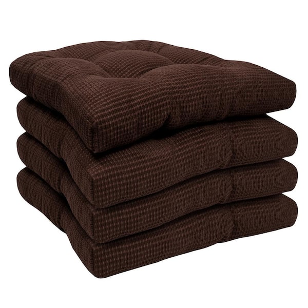 Sweet Home Collection Fluffy Tufted Memory Foam Square 16 in. x 16 in. Non-Slip Indoor/Outdoor Chair Cushion with Ties, Chocolate (4-Pack)