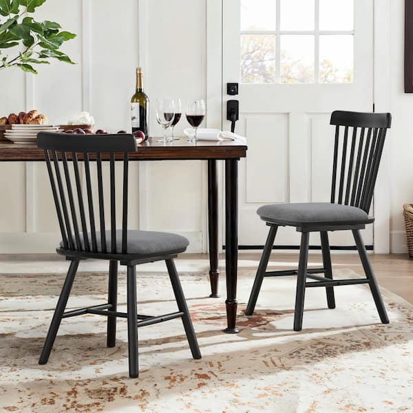 LUE BONA Winnie 18 in. Gray Cushion Black Frame Classic Windsor Back Solid Wood Dining Chair (Set of 2)