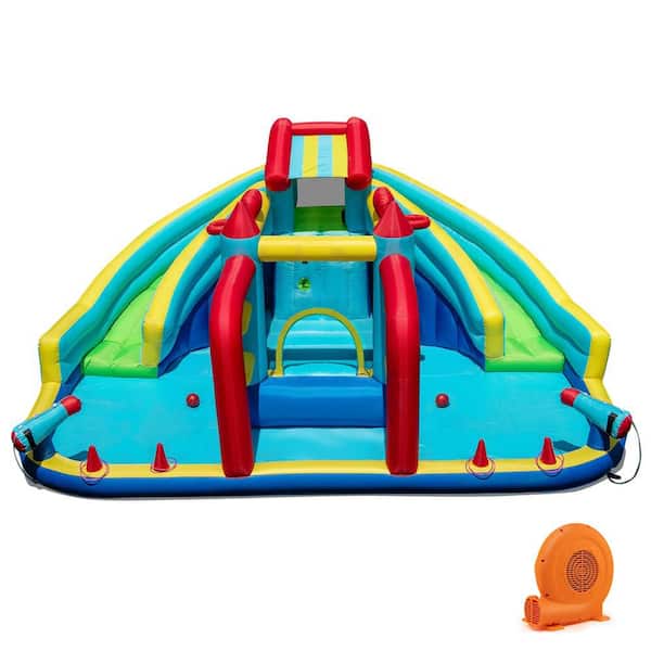 Inflatable Double Water Slide Park Bounce House Giant Bouncy Castle w/ Obstacle Course 750W Blower Included