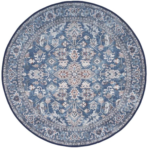 Unbranded Machine Washable Navy Ivory 4 ft. x 4 ft. Series 1 Distressed Traditional Round Area Rug
