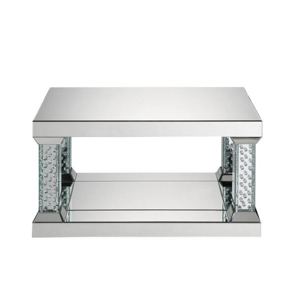 HomeRoots Amelia 24 in. Mirrored and Faux Crystals Rectangle Glass Coffee Table with Shelves, Mirrored