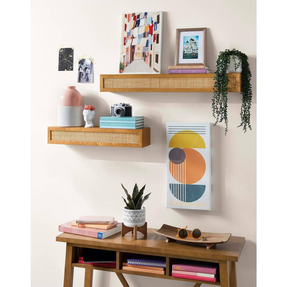 Natural Wood Floating Wall Shelves with Rattan Caning Detail