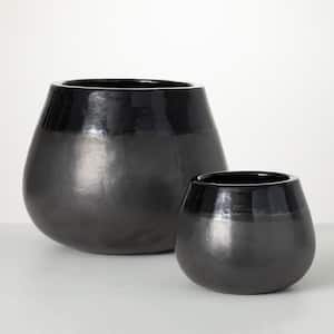 12.25 in. and 7 in. Ebony Fat-Bottomed Ceramic Pot (Set of 2)