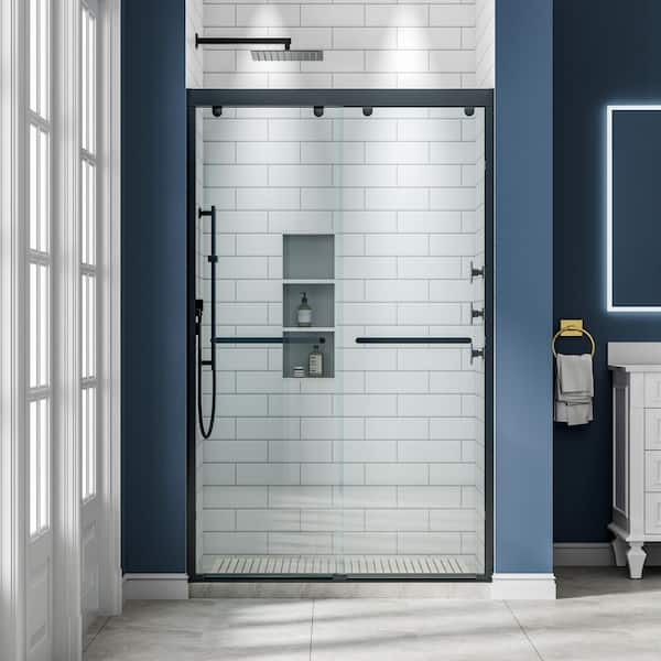 ANGELES HOME 44-48 in. W x 75 in. H Matte Black Soft Close Double Sliding Framed Shower Door ANSI 5/16 in. (8mm) Tempered Clear Glass