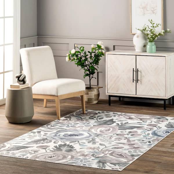 Tiffani Spill-Proof Machine Washable Light Grey Doormat 2 ft. x 3 ft.  Floral Area Rug
