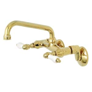 Adjustable Center Porcelain 2-Handle Wall-Mount Standard Kitchen Faucet in Polished Brass