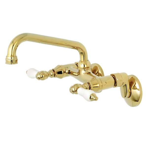 Kingston Brass Adjustable Center Porcelain 2-Handle Wall-Mount Standard Kitchen Faucet in Polished Brass