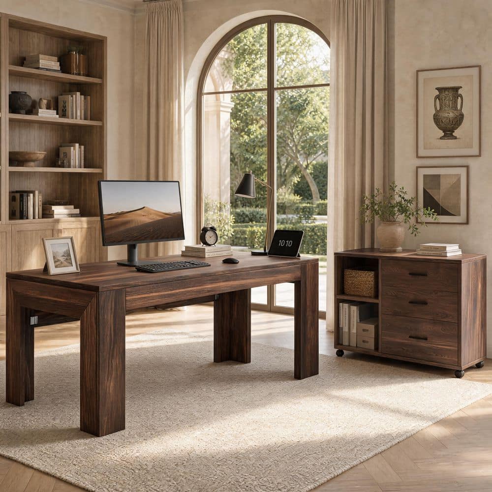 Lanita 63 in. L Shaped Walnut Wood 3-Drawer Executive Desk with Rolling File Cabinet Combo for Home Office price history on PriceWatchPro