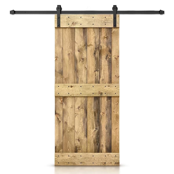 Distressed Mid-Bar 24 in. x 84 in. Weather Oak Assembly Required Solid Wood Interior Sliding Barn Door with Hardware Kit