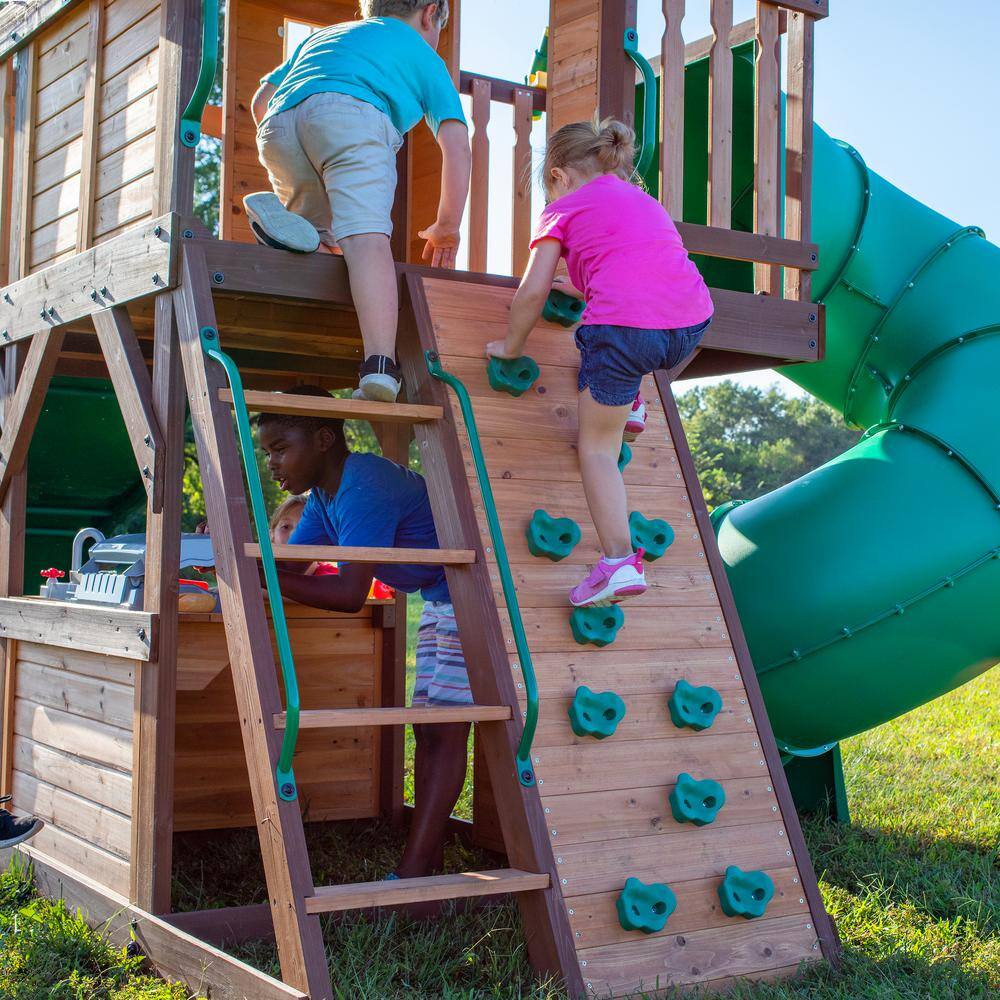 Cedar Cove Wooden Swing Set with Dual Slides and Swings