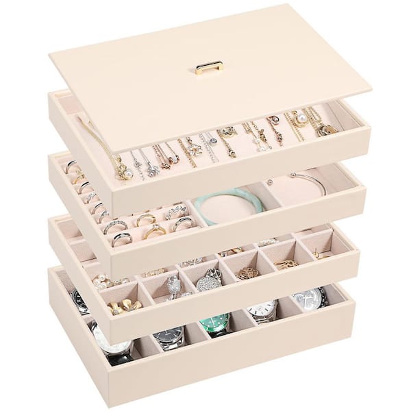 Unbranded 4-Piece Stackable Jewelry Organizer Tray with Lid-PU Leather Storage Box (Apricot, 11 in. x 7.1 in. x 6.38 in. )