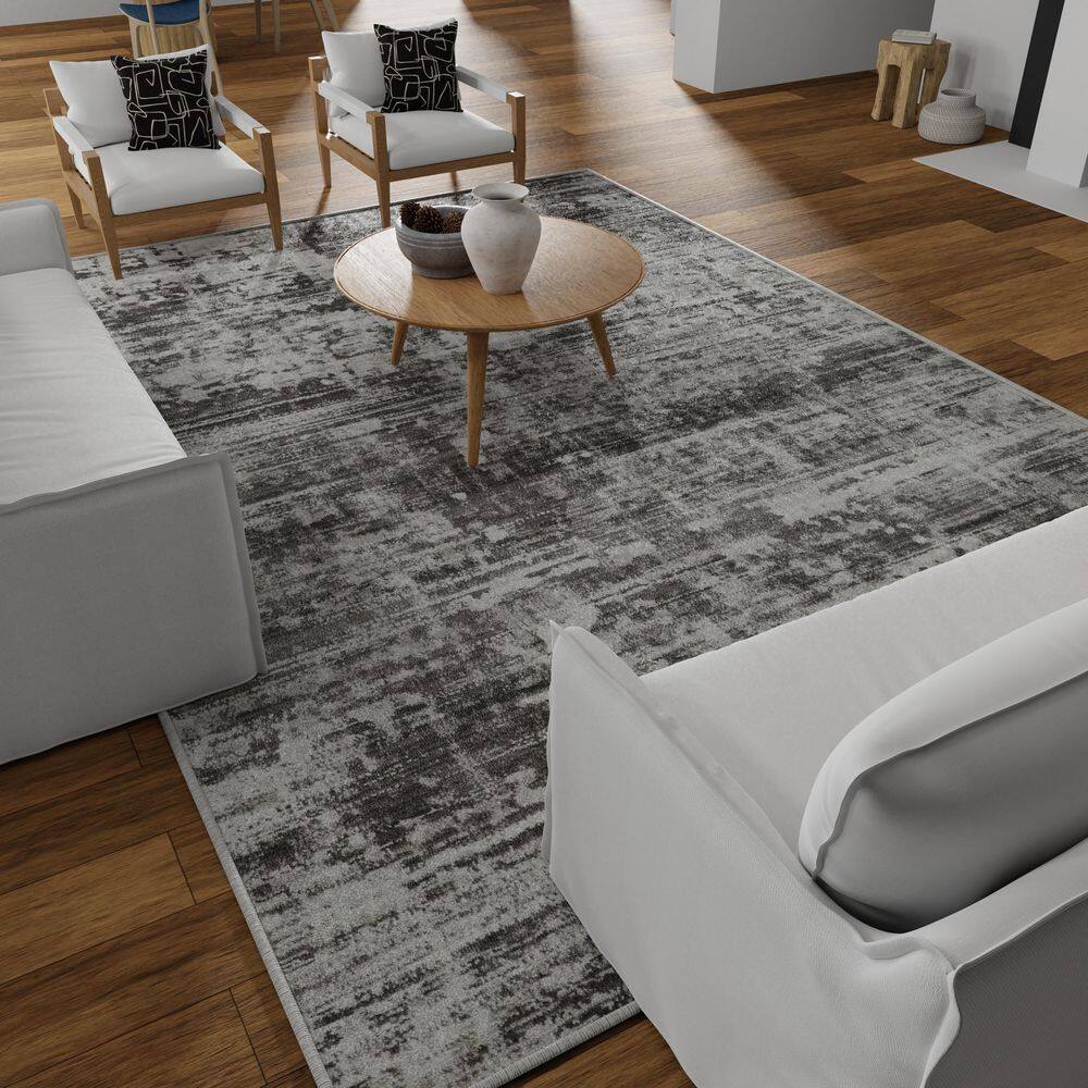 Gray Abstract 9' x 12' Stain-Resistant Synthetic Area Rug