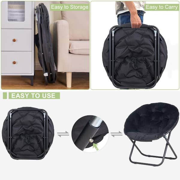 Folding Moon Chair with Faux Fur Seat, Black Saucer Chair for Teens, Adults No-Assembly Accent Chair for Bedroom or Dorm