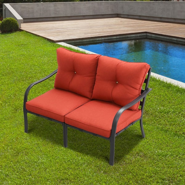 Metal Outdoor Loveseat with Red Cushions