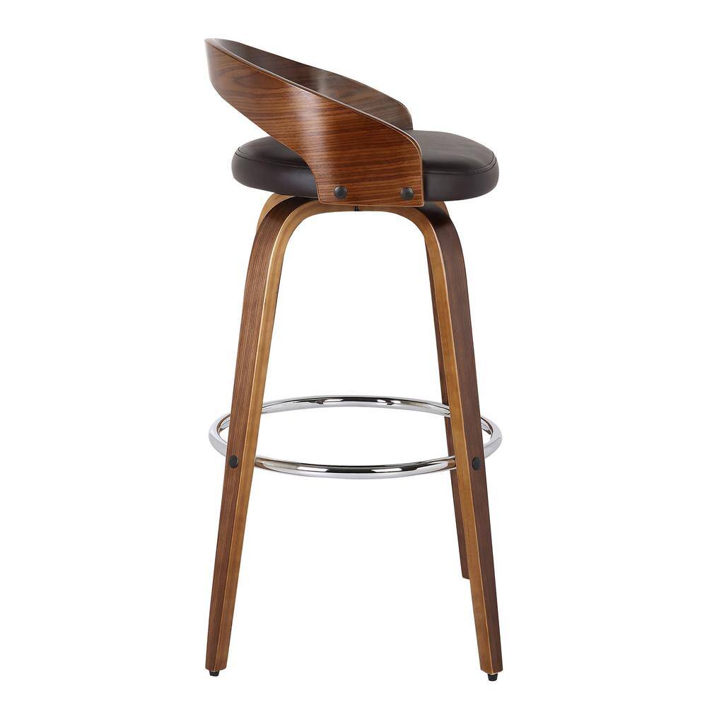 Walnut Wood Finish Swivel Counter Stool with Brown Faux Leather
