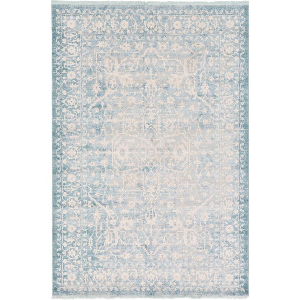 Elegant Light Blue and Ivory Abstract Indoor Area Rug, 7' x 10'
