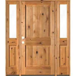 64 in. x 80 in. Rustic Knotty Alder Square Clear Stain Wood V-Groove Right Hand Single Prehung Front Door/Half Sidelites
