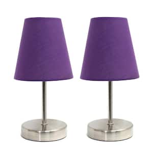 10.5 in. Sand Nickel Mini Basic Table Lamp with Purple Fabric Shade (2-Pack Set)