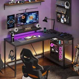 52 in. L-Shaped Black Fiber Carbon LED Gaming Desk with Storage Shelf and Power Outlets