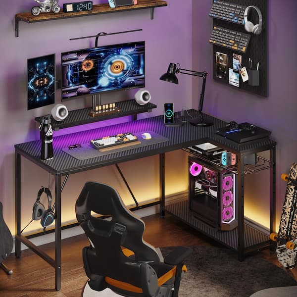Bestier 52 in. L-Shaped Black Fiber Carbon LED Gaming Desk with Storage Shelf and Power Outlets
