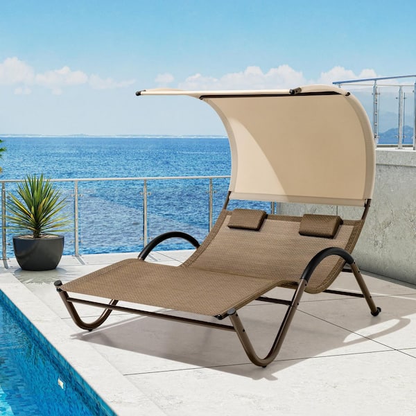 Pellebant 1-Piece Patio Double Outdoor Chaise Lounge in Brown with Sun Shade Canopy, Wheels and Headrest