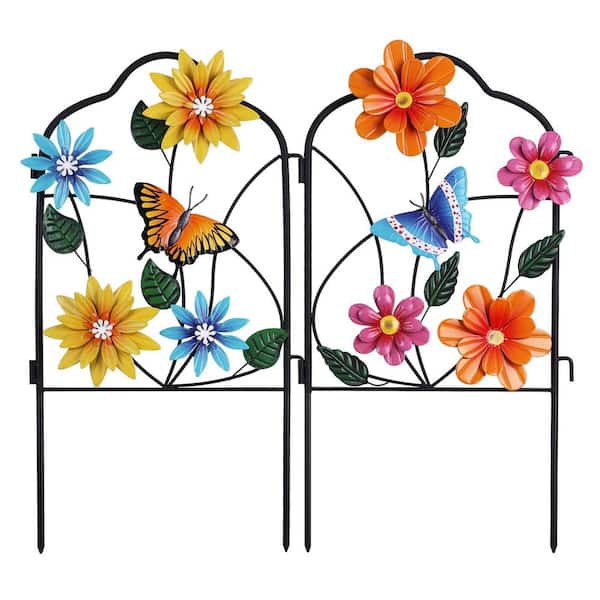 11.8 in. W x 24.4 in. H Metal Fence Floral Decorative Garden Stake with with Flowers for Spring Decor (2-Pack)