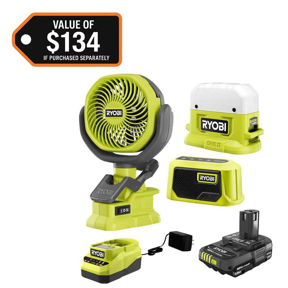 RYOBI ONE+ 18V Cordless 3-Tool Campers Kit with Area Light, Bluetooth Speaker, 4 in. Clamp Fan, 1.5 Ah Battery, and Charger (PCL1303K1)