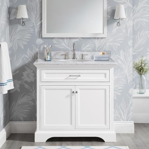 Windlowe 37 in. Single Sink White Bath Vanity with White Carrara Marble Top (Assembled)