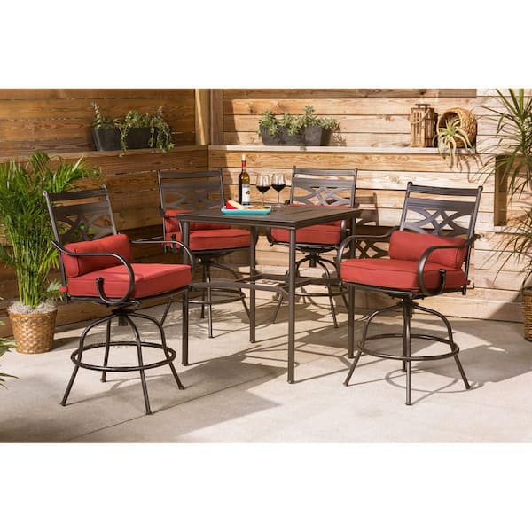 Hanover Montclair 5-Piece Steel Outdoor Bar Height Dining Set with Chili Red Cushions, 4-Swivel Chairs and a 33 in. Dining Table