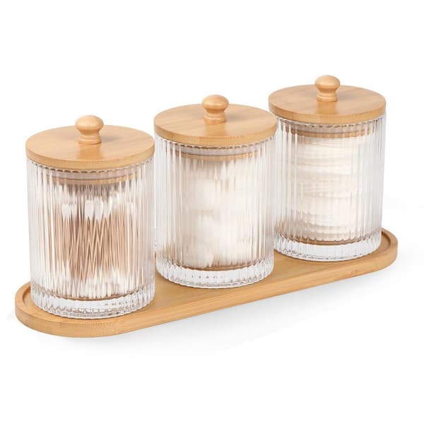 3-Pack Bathroom No-Drill Organizer Set with 3 Clear Glass Qtip Holders and 1 Waterproof Tray for Cotton Swabs in Beige