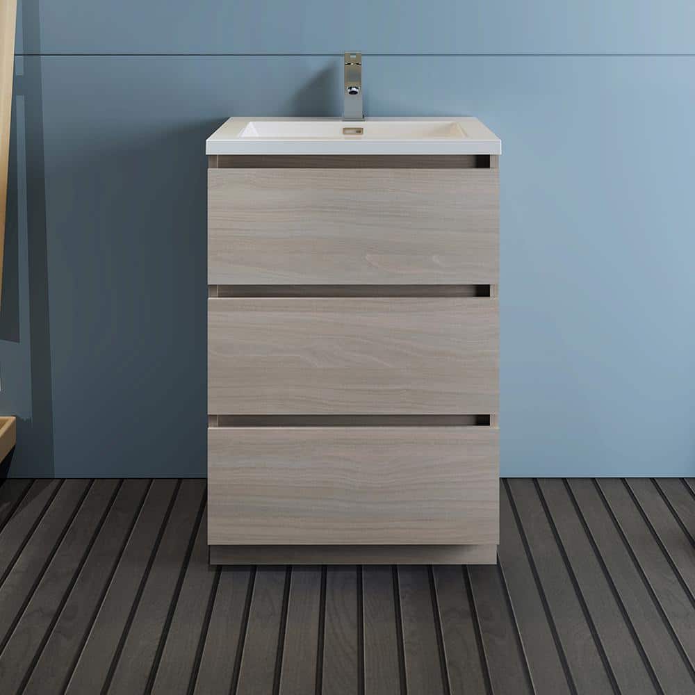Gray Wood 24" Freestanding Bathroom Vanity with White Acrylic Top
