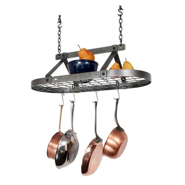 Handcrafted Hammered Steel Classic Oval Ceiling Hanging Pot Rack with 12 Hooks