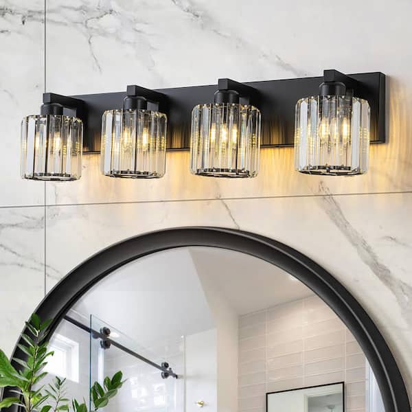 Orillia 28 in. 4-Light Vanity Light with Cylinder Crystal Shade Black Modern Wall Mount Sconce for Bathroom Powder Room