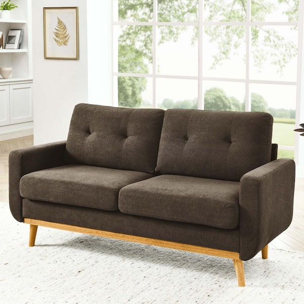Lowell 67.7 in. Round Arm Polyester Upholstered Rectangle Sofa in Brown with Tufted Back, Wood Legs