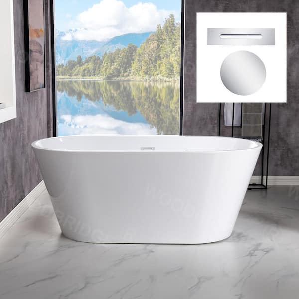 WOODBRIDGE 54 in. Acrylic FlatBottom Double Ended Bathtub with Polished Chrome Overflow and Drain Included in White
