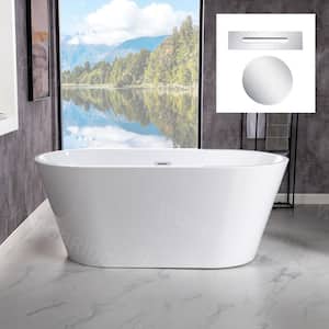 54 in. Acrylic FlatBottom Double Ended Bathtub with Polished Chrome Overflow and Drain Included in White