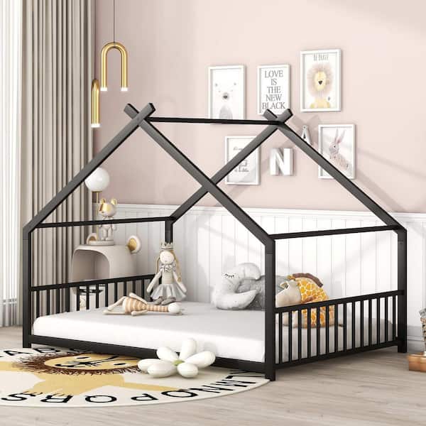 Black Metal Frame Full Platform Bed with Roof