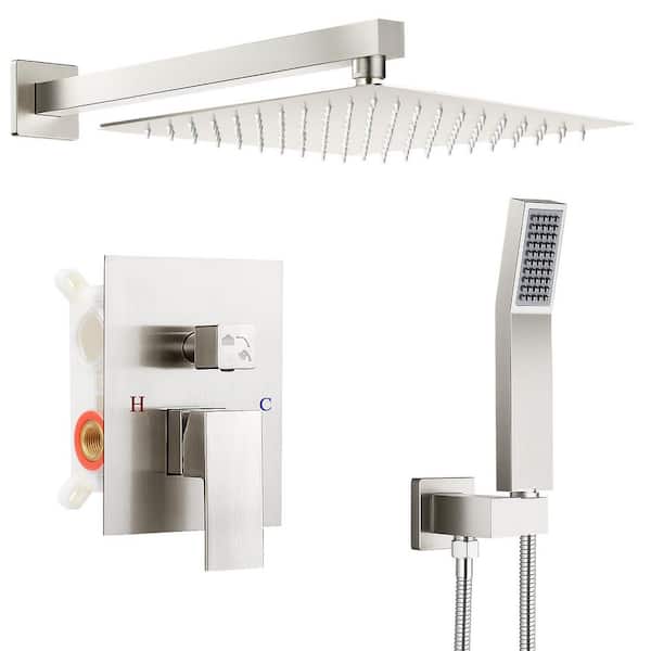 Square Single Handle 2-Spray Shower Faucet Bathroom Shower Combo Set 2.5 GPM with Adjustable Heads in Brushed Nickel