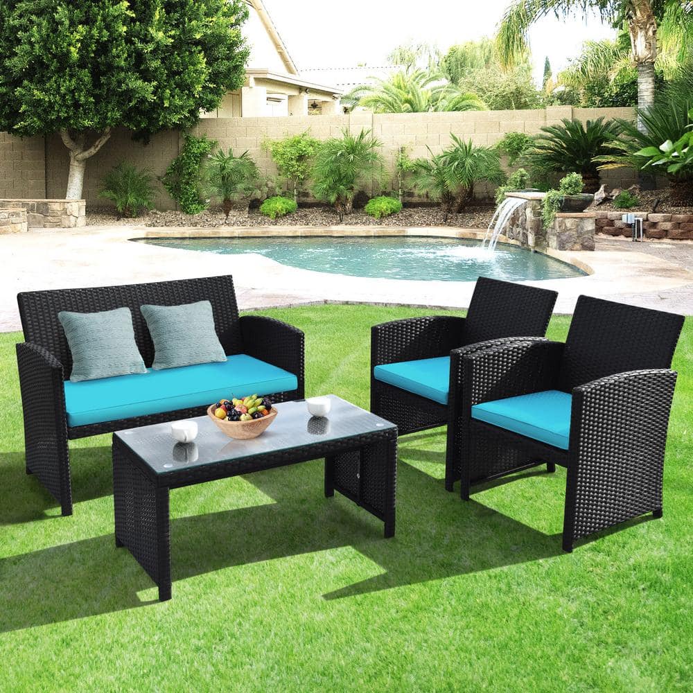 Turquoise Cushioned Black Wicker 4-Piece Patio Conversation Set