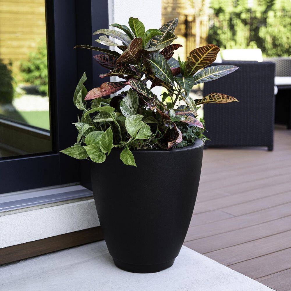 Caprio 18" Tall Black Round Self-Watering Planter for Outdoor Spaces