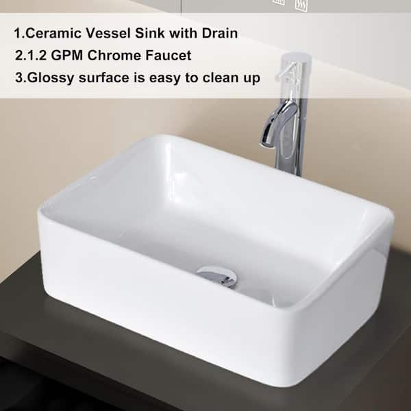 White Ceramics Rectangle Vessel Sink with Chrome Faucet Pop Up Drain Set